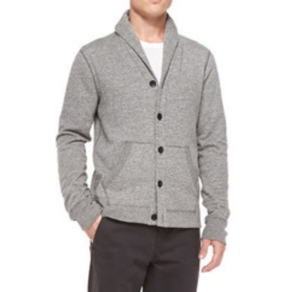 Rag & Bone Shawl Collar Cardigan Sweater Elbow Patches Grey Button Up Men's XL